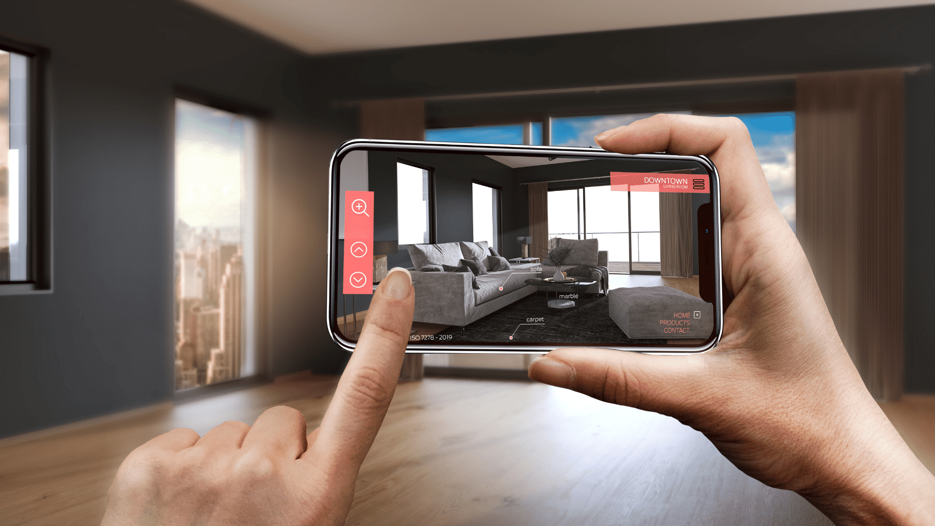 Schermata di smartphone che usa la realtà aumentata per vedere come verrà  arredato una stanza vuota