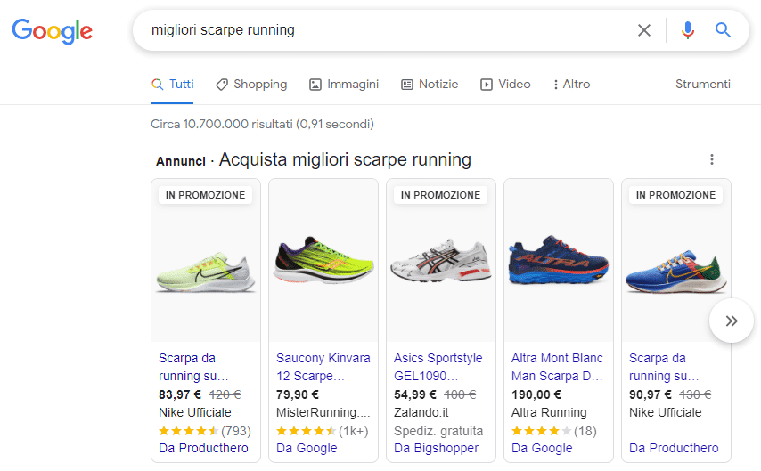 Risultato della ricerca "migliori scarpe running" su Google