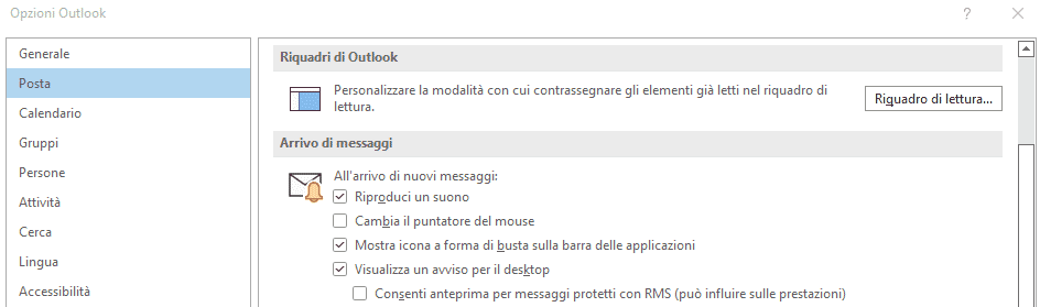 Schermata della configurazione degli avvisi della ricezione di messaggi di posta elettronica su Outlook 365