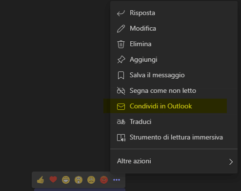 Voce di menu di Teams Condividi in Outlook