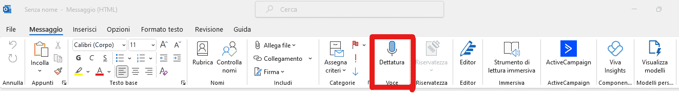 Icona Dettatura della barra degli strumenti di Office 365