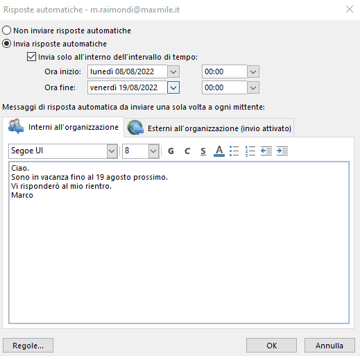 Schermata dell'impostazione del messaggio di riposta automatica di Outlook 365