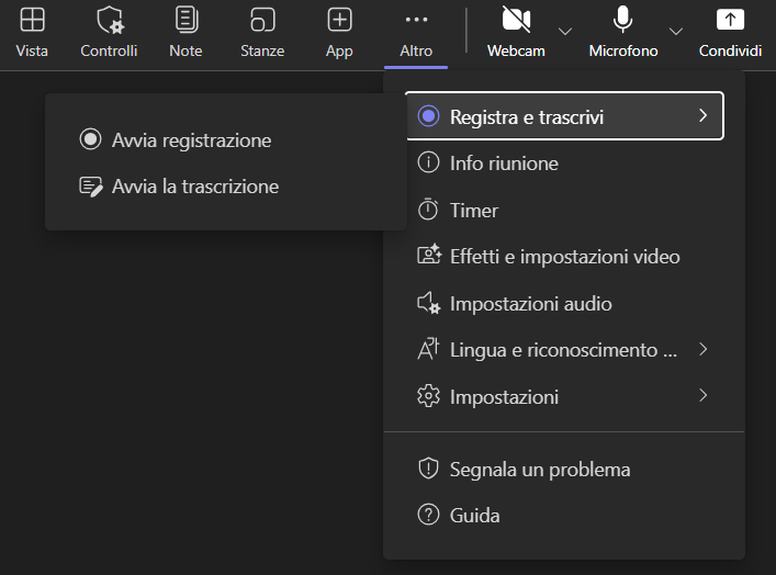 schermata con impostazione avvia la registrazione visibile di microsoft teams