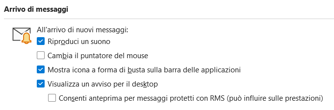 Opzioni di notifica all'arrivo di messaggi su Outlook