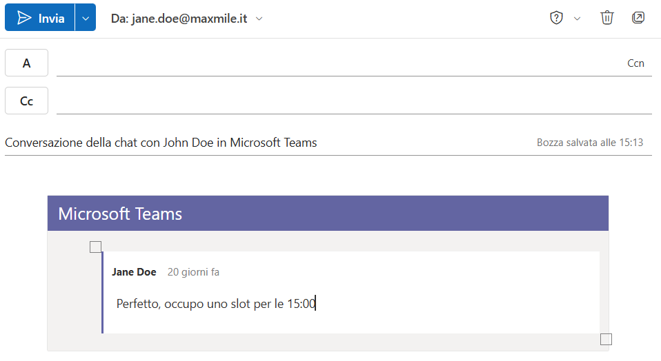 Pannello di condivisione del messaggio su Outlook da Microsoft Teams