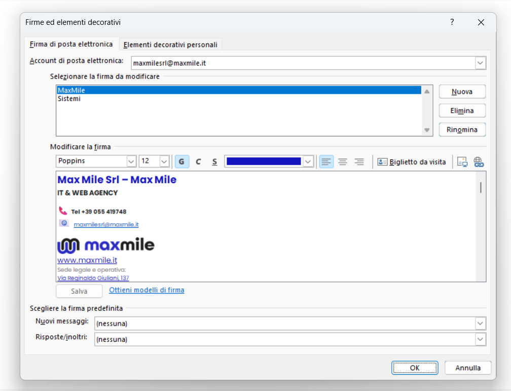 pannello di gestione delle firme in Outlook