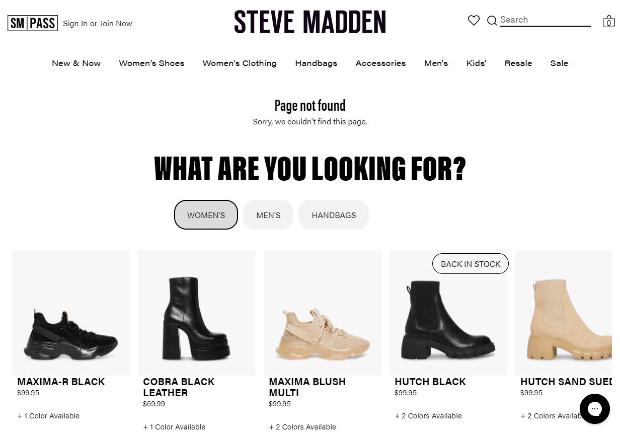 Pagina 404 sito Steve Madden