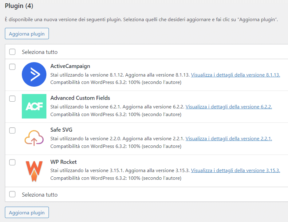 elenco dei plugin di WordPress da aggiornare