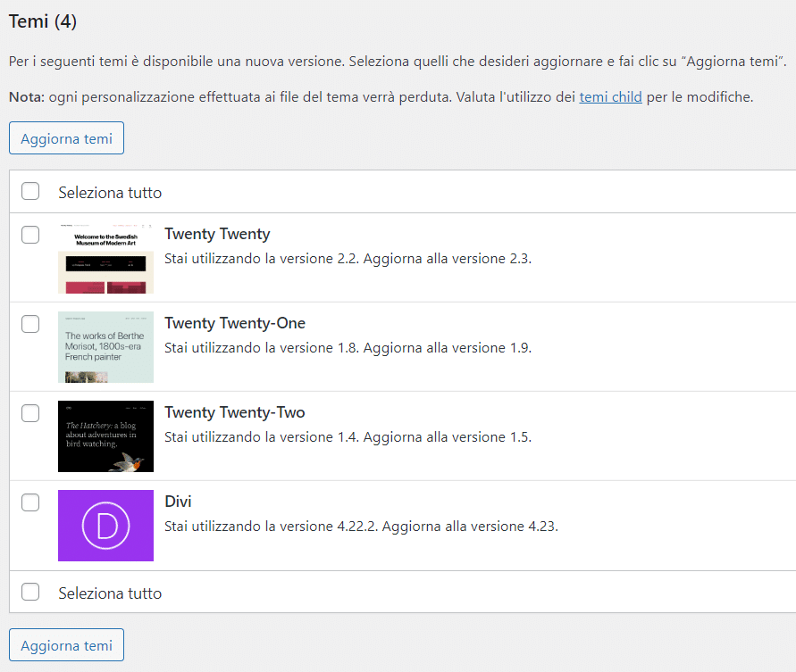 temi di WordPress da aggiornare