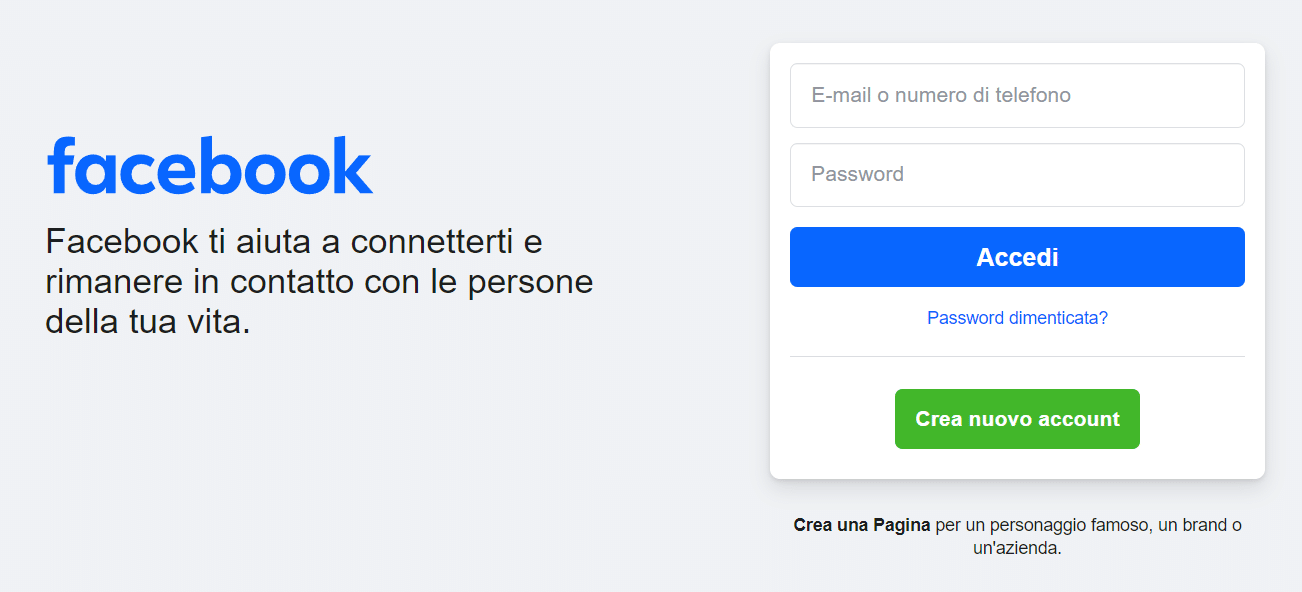 la home page di Facebook per utenti non ancora iscritti alla piattaforma