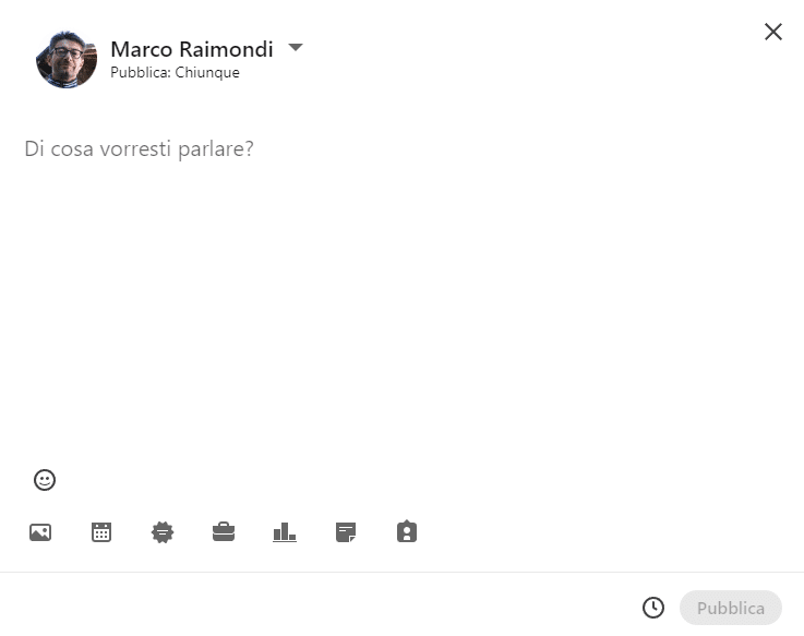 Area di creazione di un post su LinkedIn