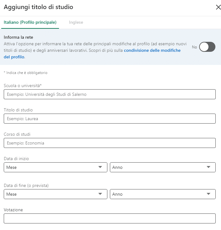 Modulo per l'inserimento dei titoli di studio su LinkedIn