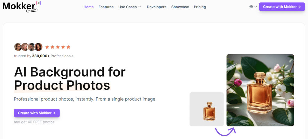 La home page di Mokker, tool di intelligenza artificiale per la rimozione di sfondi di foto di prodotti