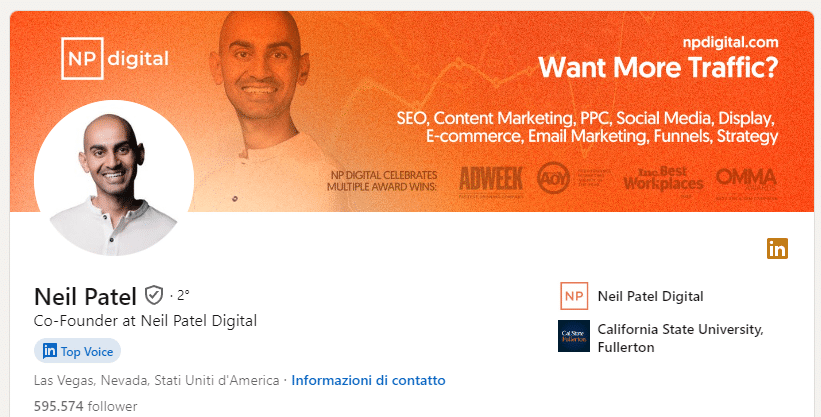 immagine di copertina del profilo LinkedIn di Neil Patel