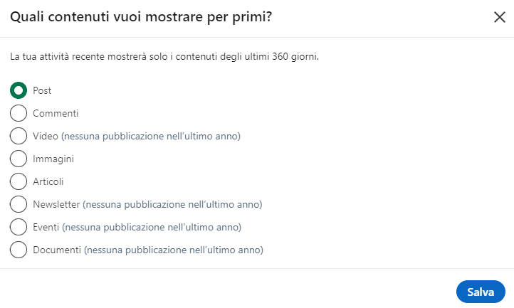 Pagina ordinamento contenuti nella sezione Attività del profilo LInkedIn