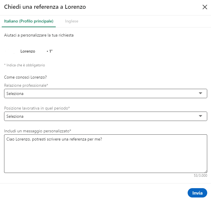 Form per la richiesta di referenze su LInkedIn