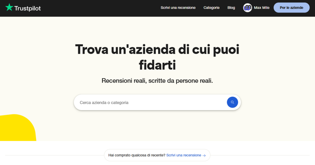 Home page del sito di recensioni online Trustpilot