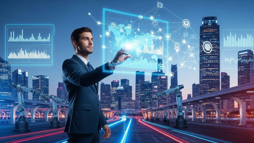 Manager che interagisce con interfacce digitali per rappresentare il livello di digitalizzazione aziendale